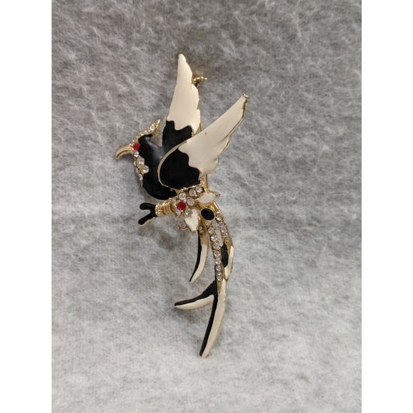 Vintage Bird Brooch Goldtone Enamel and Rhinestone Pin Red Stone Eyes Jewelry - Picture 5 of 5
